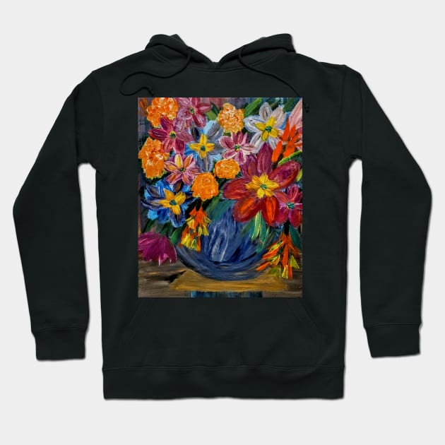 abstract vibrant colorful flowers in a glass vase with gold accent on base and top of vase Hoodie by kkartwork